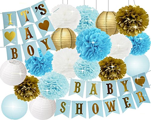 Decoración para baby shower con pompones de papel